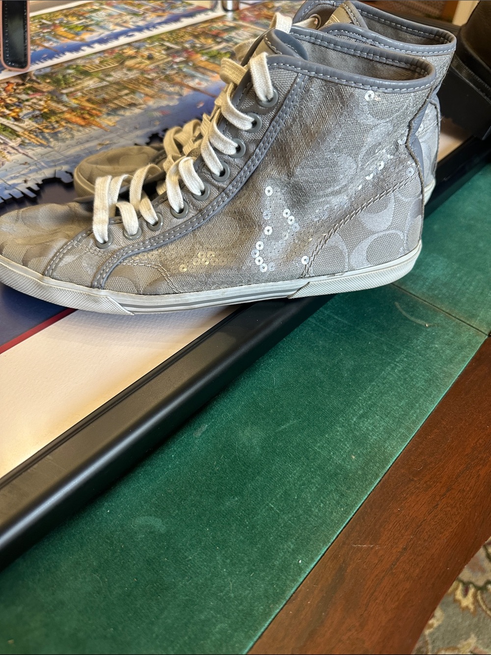 Coach Gray Canvas High-Top Sneakers with Sequin Accent